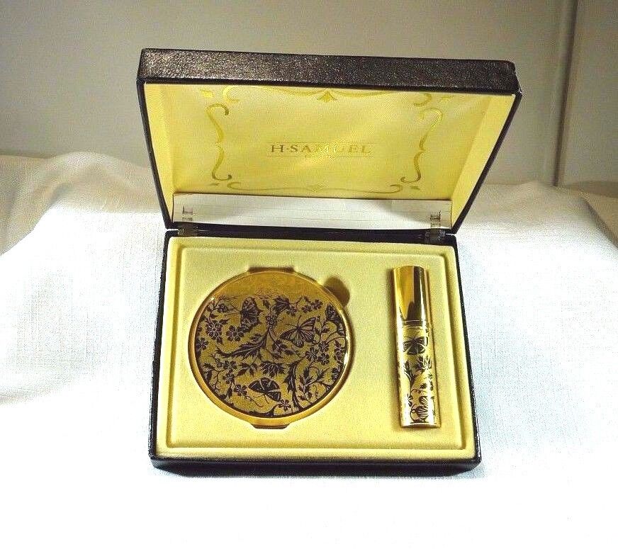 Vintage H Samuel Gold Coloured Compact & Perfume Spray Set Boxed