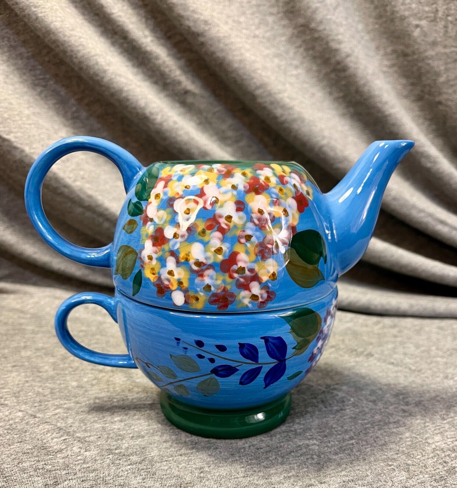 Nantucket Porcelain Tea Pot/Cup for One: 2 Piece Set Floral Print