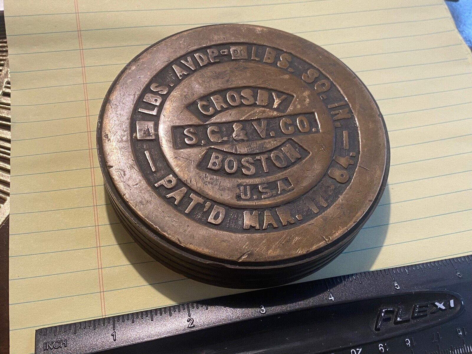 ANTIQUE CROSBY S.G.& V. CO. SOLID BRASS 4LB SCALE WEIGHT BOSTON PATENTED IN 1884