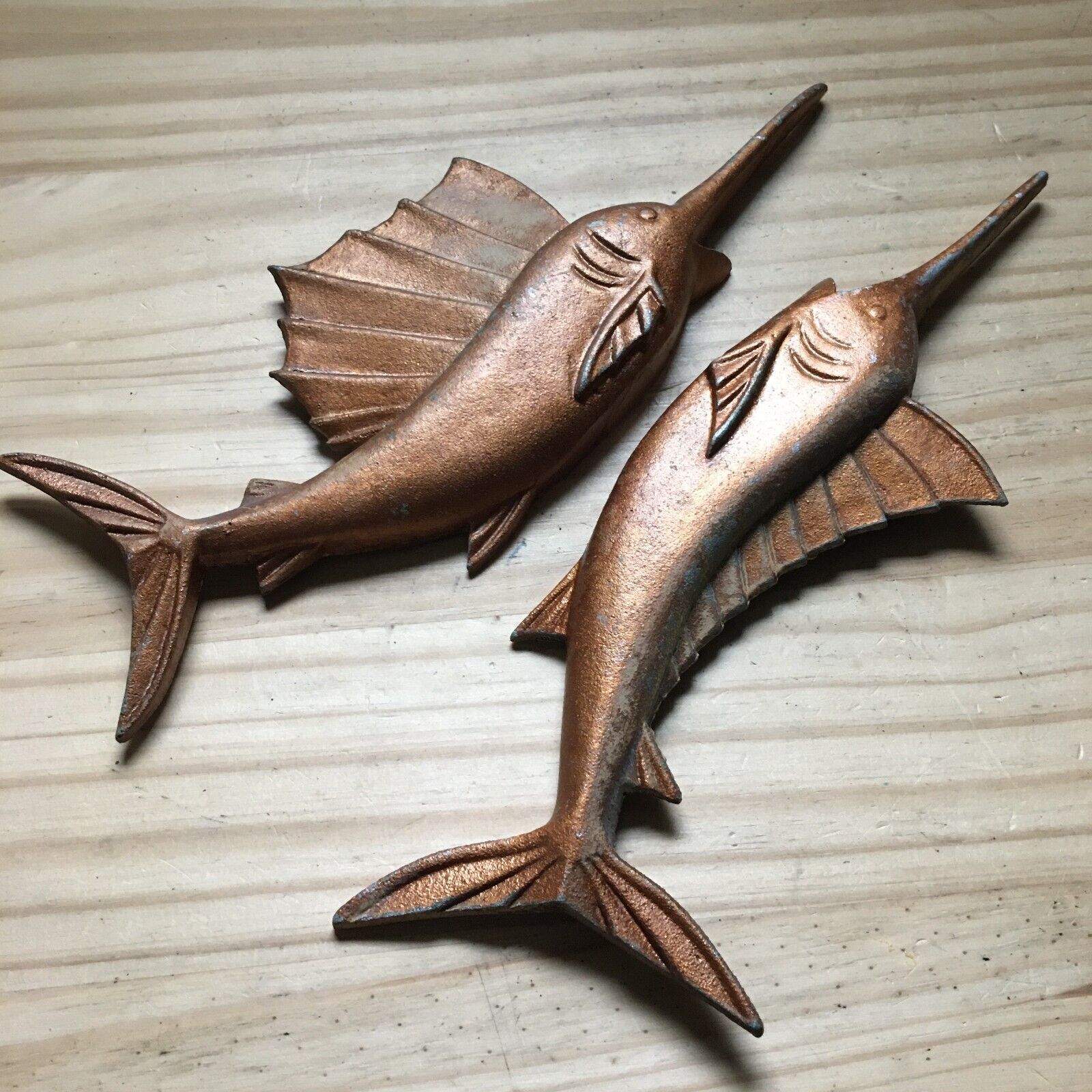 Vintage Pair of Bronze Toned Metal Marlin Sword Fish Sculpture Wall Hanging 13\