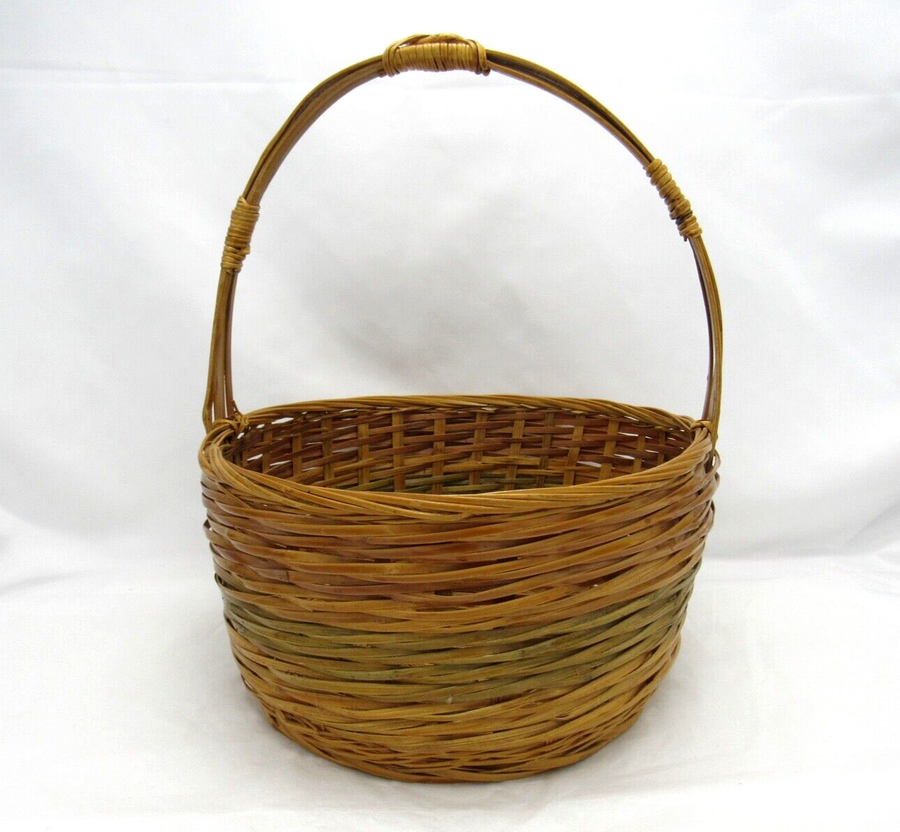 Vintage Split Bamboo Wicker Basket w/ Bamboo Handle Faded Green Hand Woven