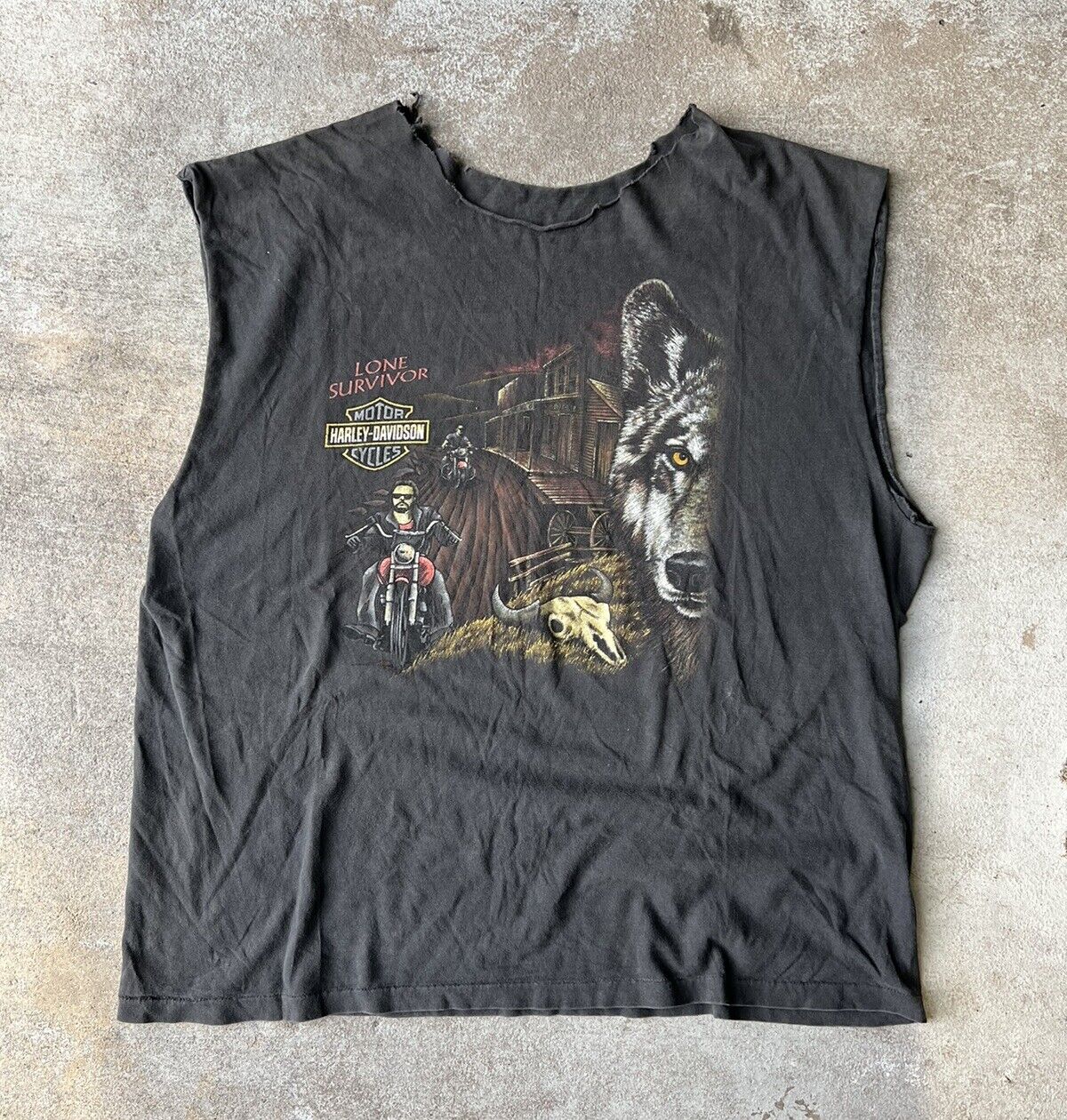 Vintage 90s Harley Davidson Motorcycle Lone Survivor Wolf Cut Shirt 2XL