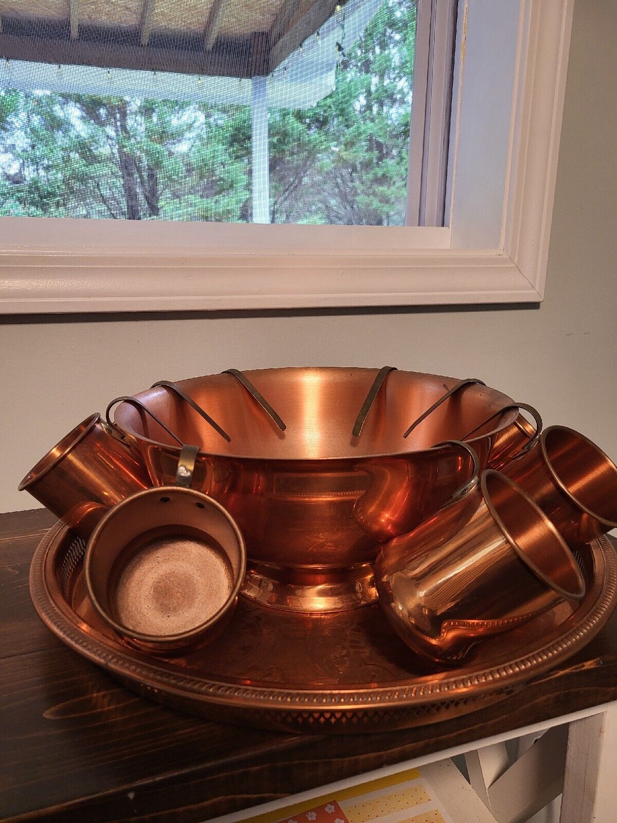 Vintage Coppercraft Guild Serving Tray & Punch Bowl & 8 cups set