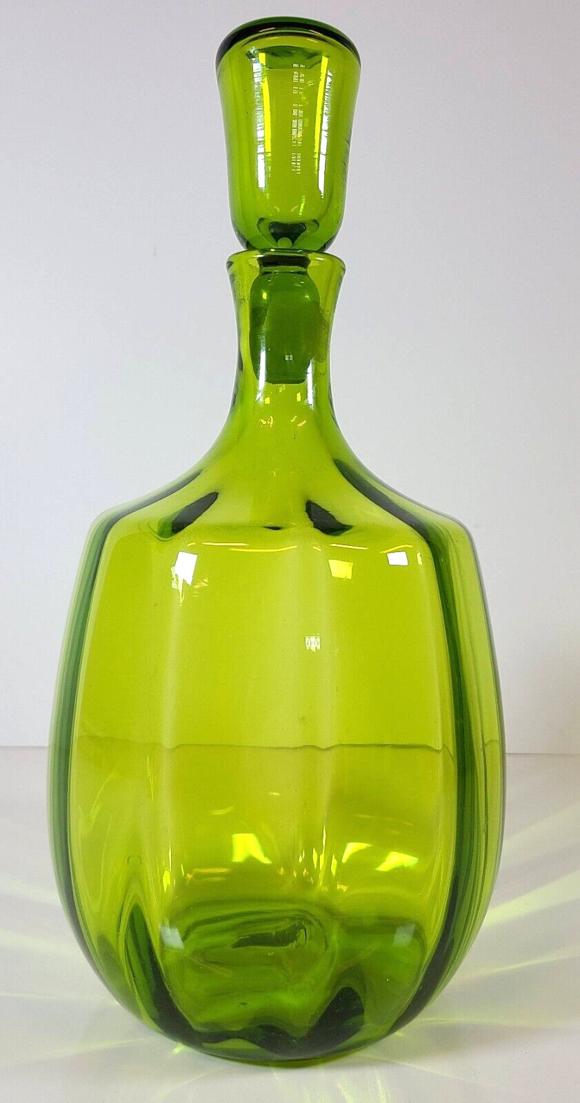 Vintage MCM Blenko Glass 6416 Green Decanter W/Stopper - Joe Myers Optic