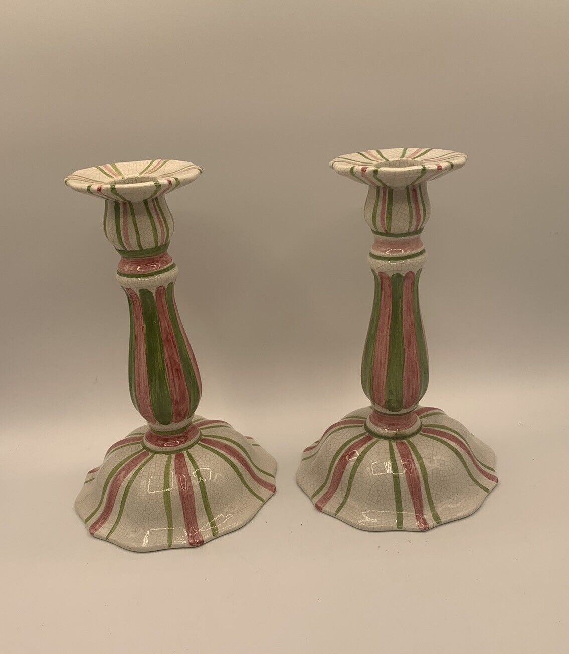 Pair Bassano Italy Pink Green Striped Candlesticks Candle Holders 8 1/2\