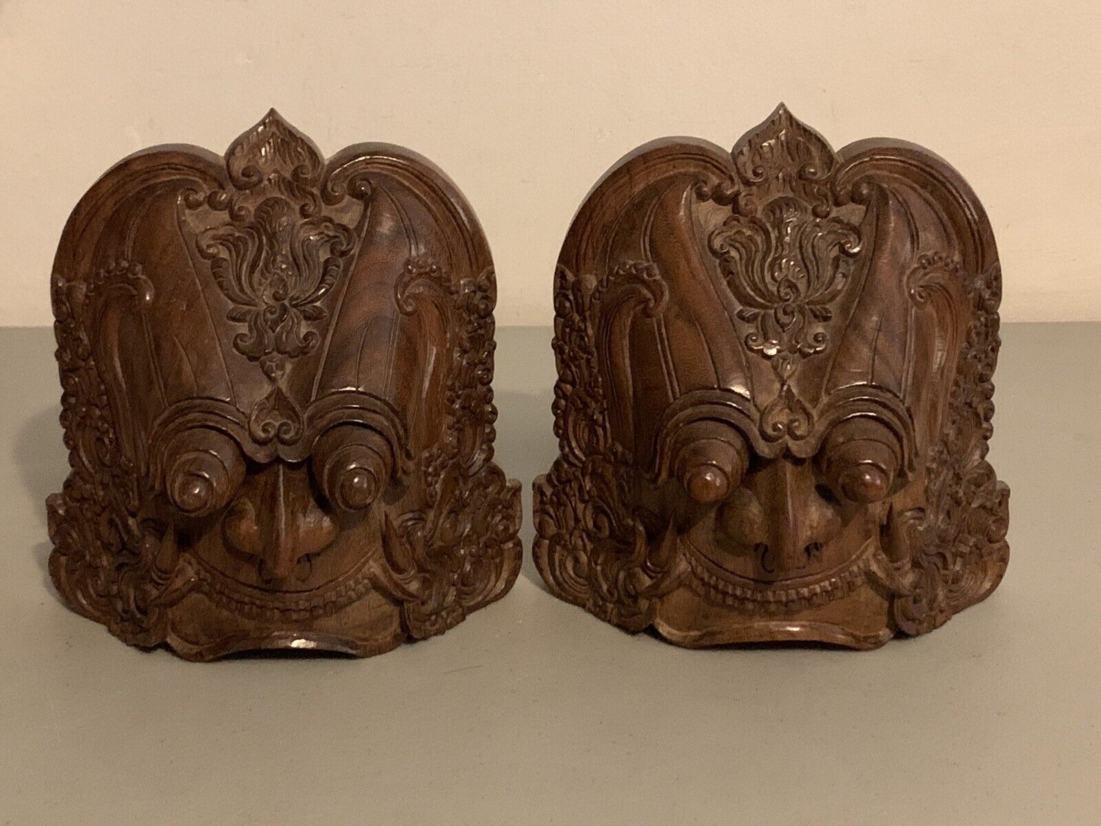 Vintage Art Deco Balinese Hand Carved Wood Boma Mask Bookends Decor