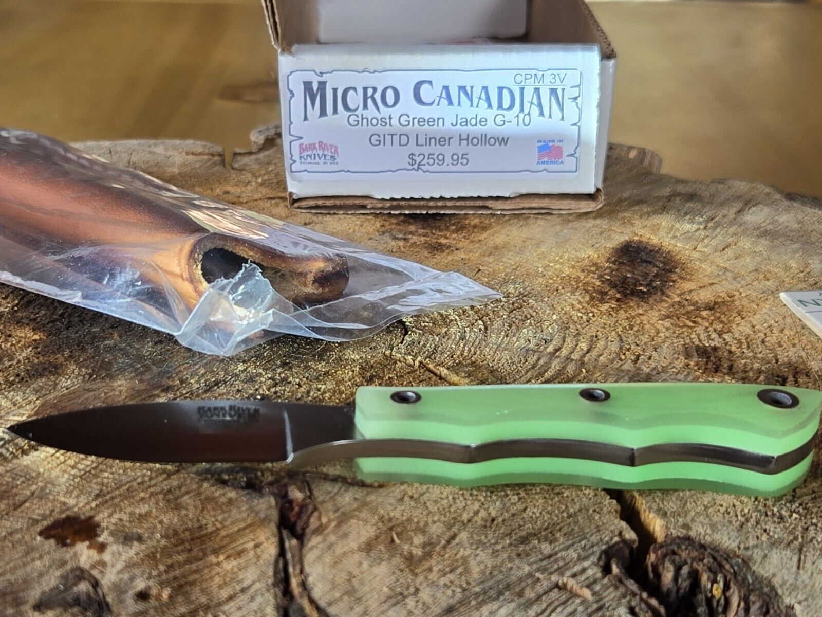 *Bark River Knives Micro Canadian 3V Ghost Green Jade G10, GITD Liner Hollow NEW