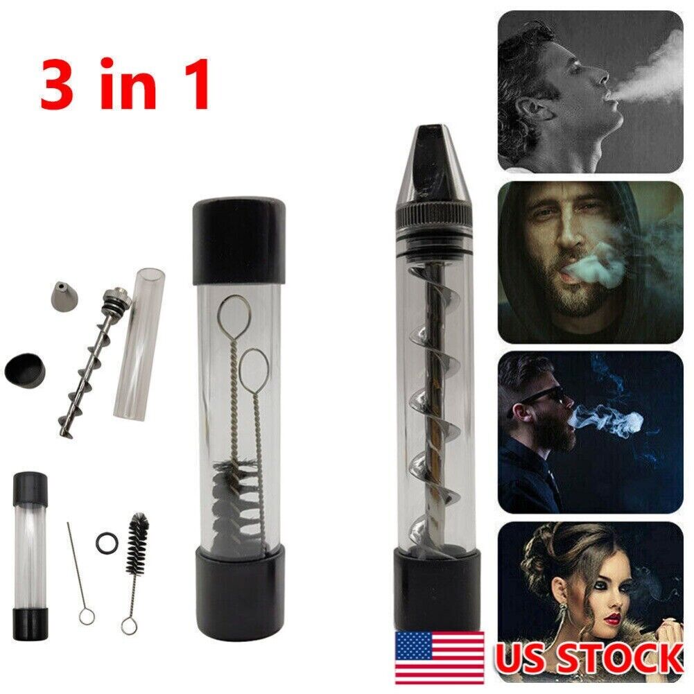 Upgraded 3 in 1 Twisty Glass Blunt Smoking Mini Pipe Metal Tip W/ Cleaning Brush