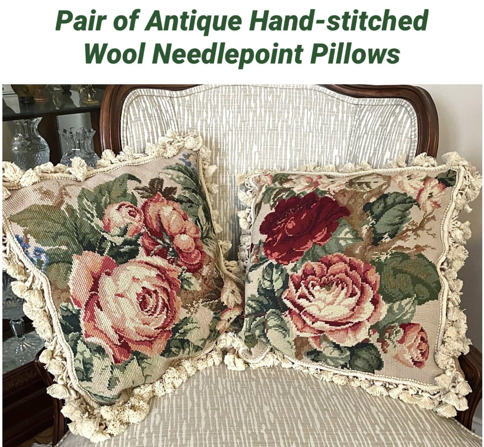Antique Floral Wool Needlepoint  Hand stitched Pillows Pair With Down Filling