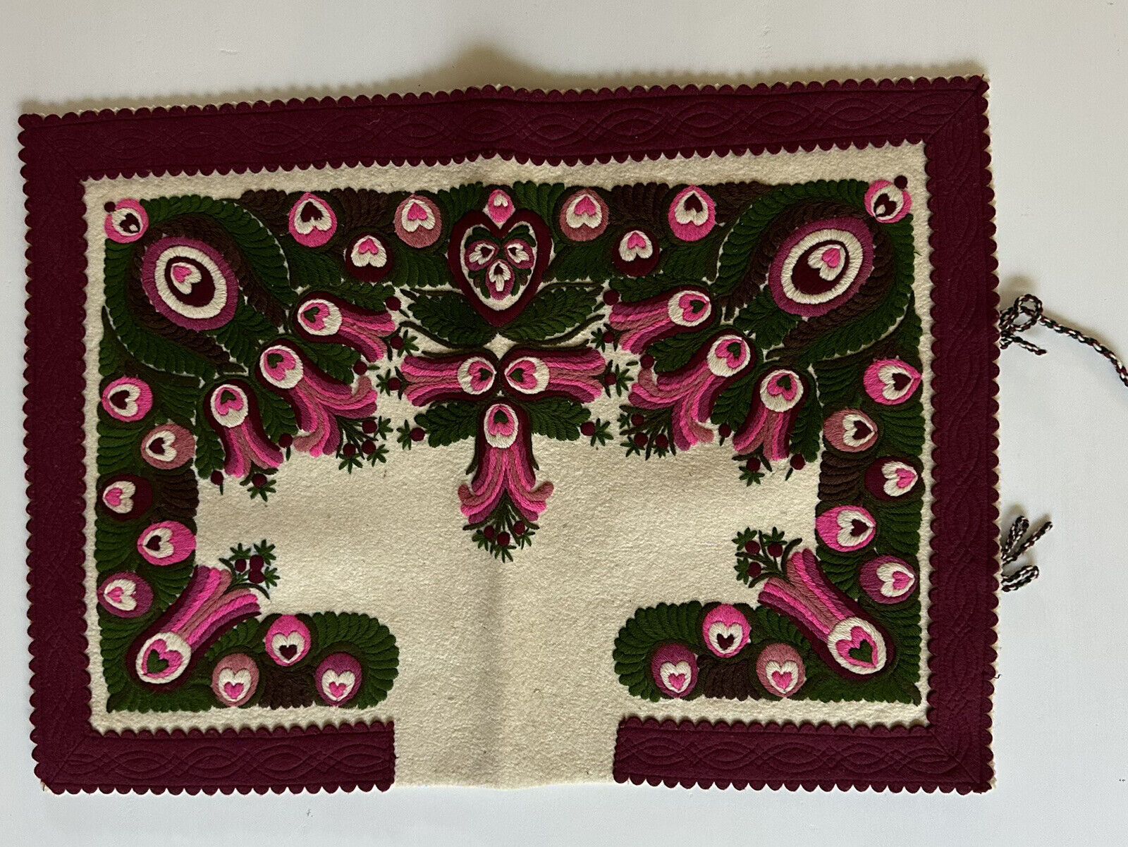 Vtg Hungarian Transylvania Hand Embroidered Felt Fabric Pillow Case Cushion Pink