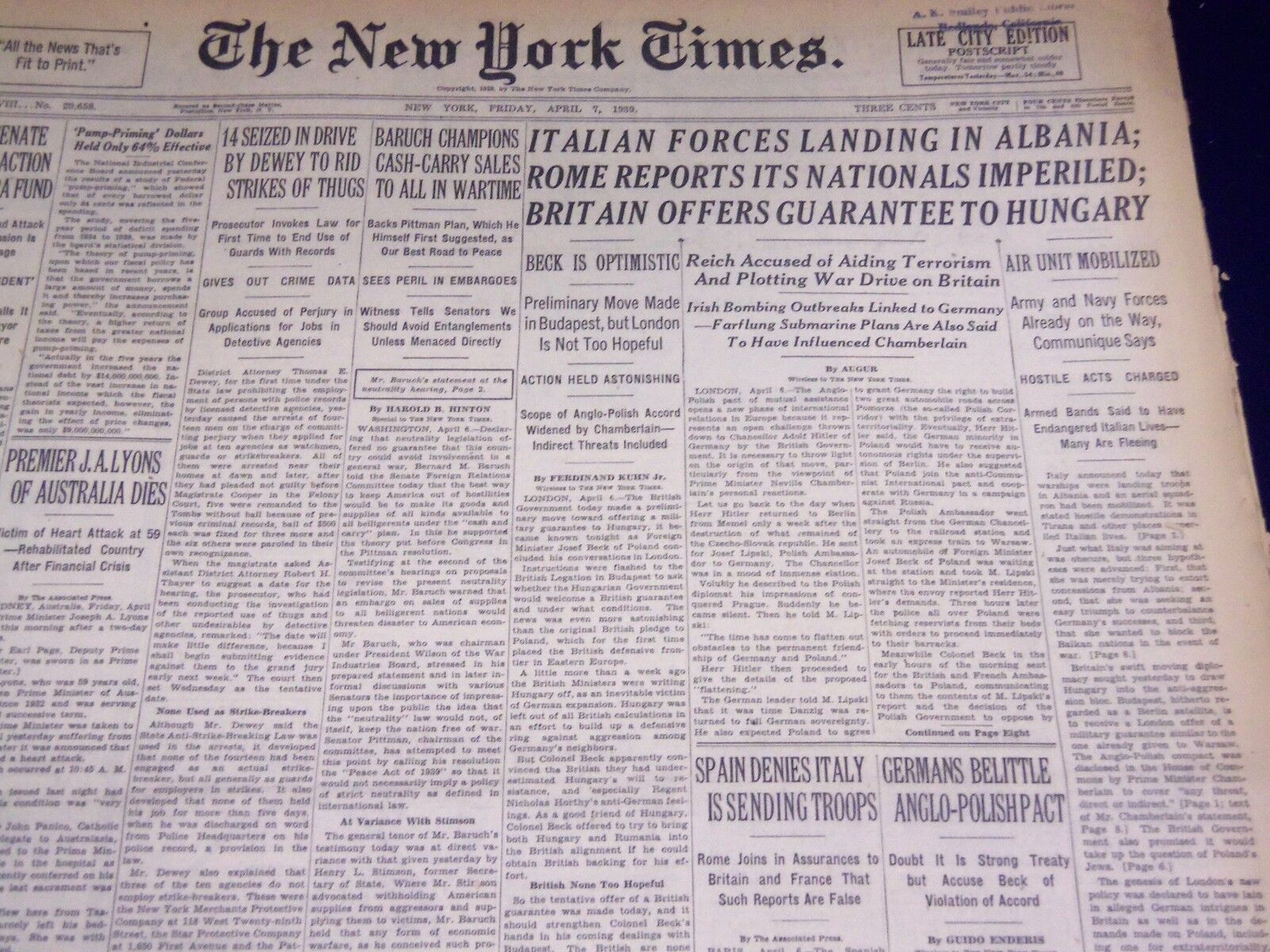1939 APRIL 7 NEW YORK TIMES - ITALIAN FORCES IN ALBANIA - NT 3075