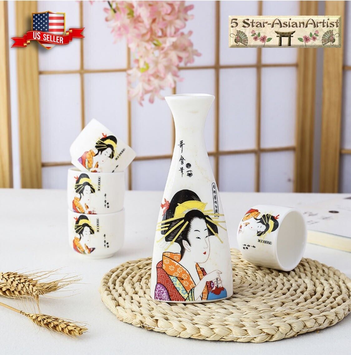 Ceramic Japanese Sake Set Geisha Design Serving Carafe & Cup-A5-Piece Set