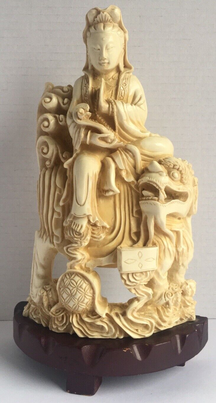 Vintage Asian Goddess-Foo Dog Craved Figurine On Wooden Base