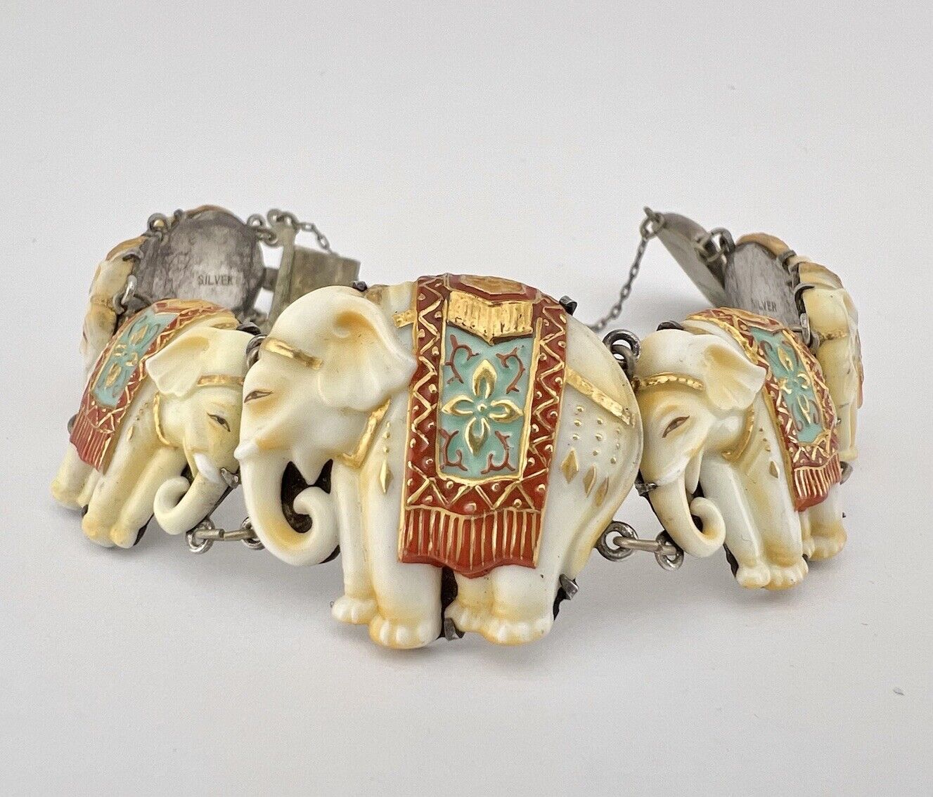 Vintage Japanese Silver Toshikane Painted Gilt Porcelain Elephants Link Bracelet