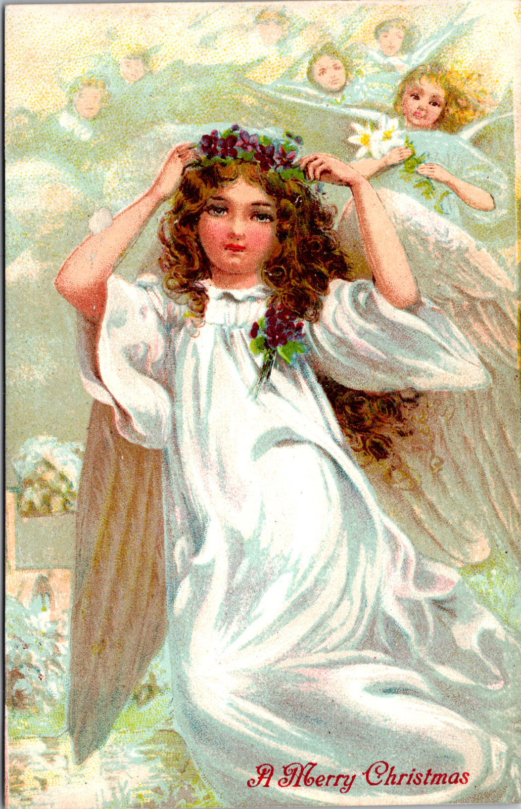Vintage 1910's Merry Christmas Postcard Lovely Cherub Angles in The Heavens