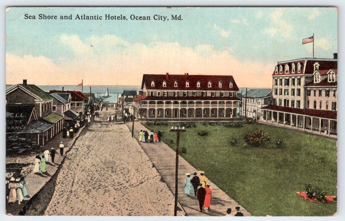1920's OCEAN CITY MD SEA SHORE & ATLANTIC HOTELS OCEANFRONT BEACH POSTCARD