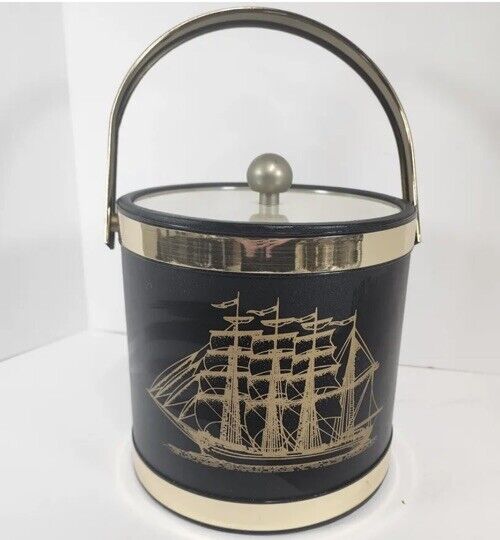 Mid Century Modern Ship Navy Blue & Gold Ice Bucket Barware Bar Cart Man Gift