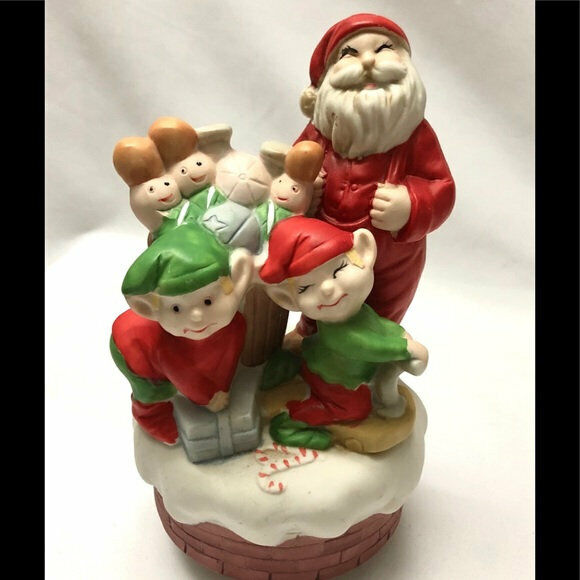 Vintage Santa Claus Music Box with Elves Porcelain Christmas in July Sale