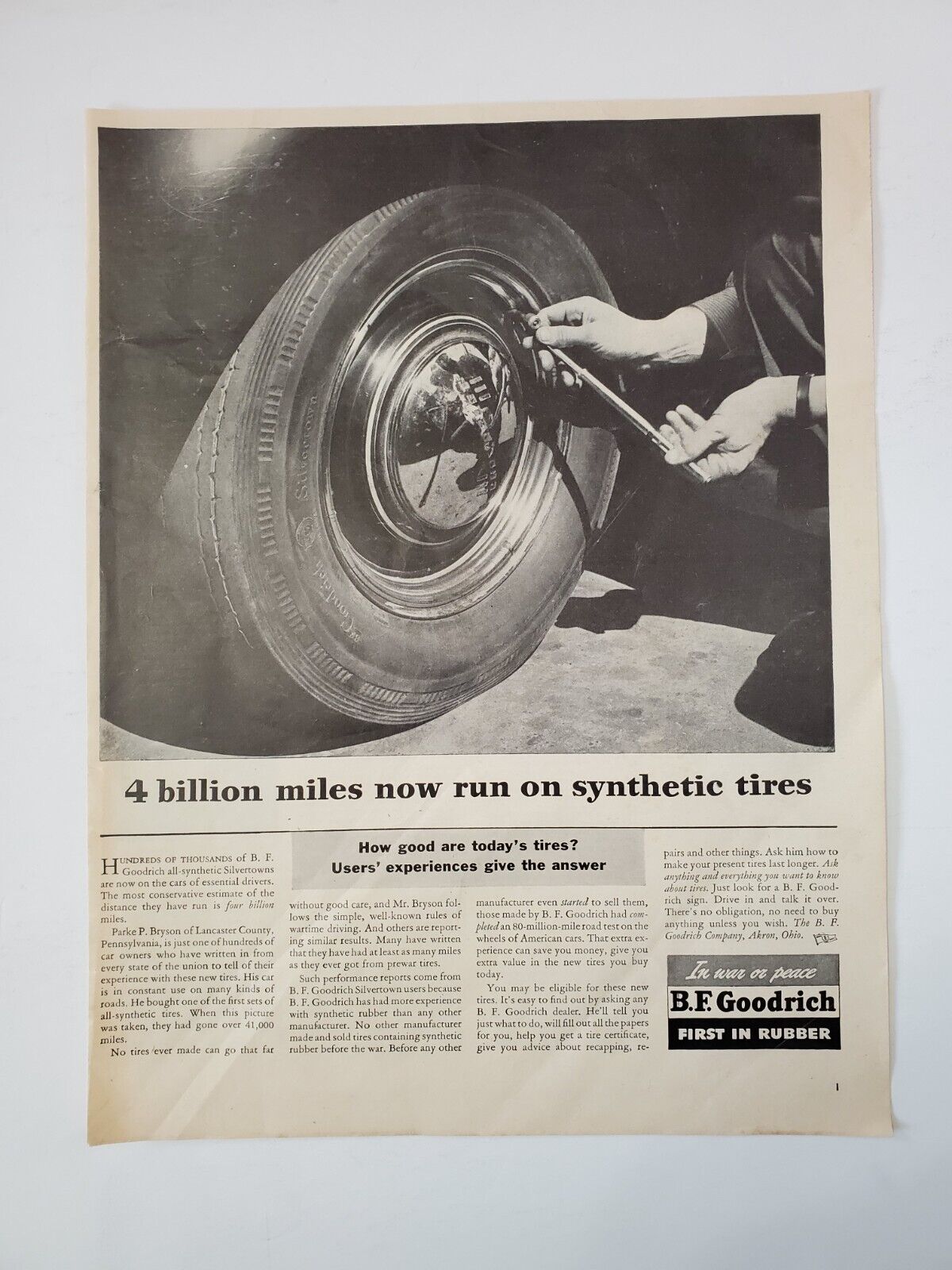 1944 B.F. Goodrich Vintage WWII Print Ad Man Changing A Flat Tire