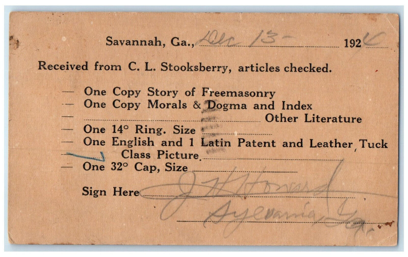 1924 Received from CL Stooksberry Savannah Georgia GA Genl Secty Postal Card