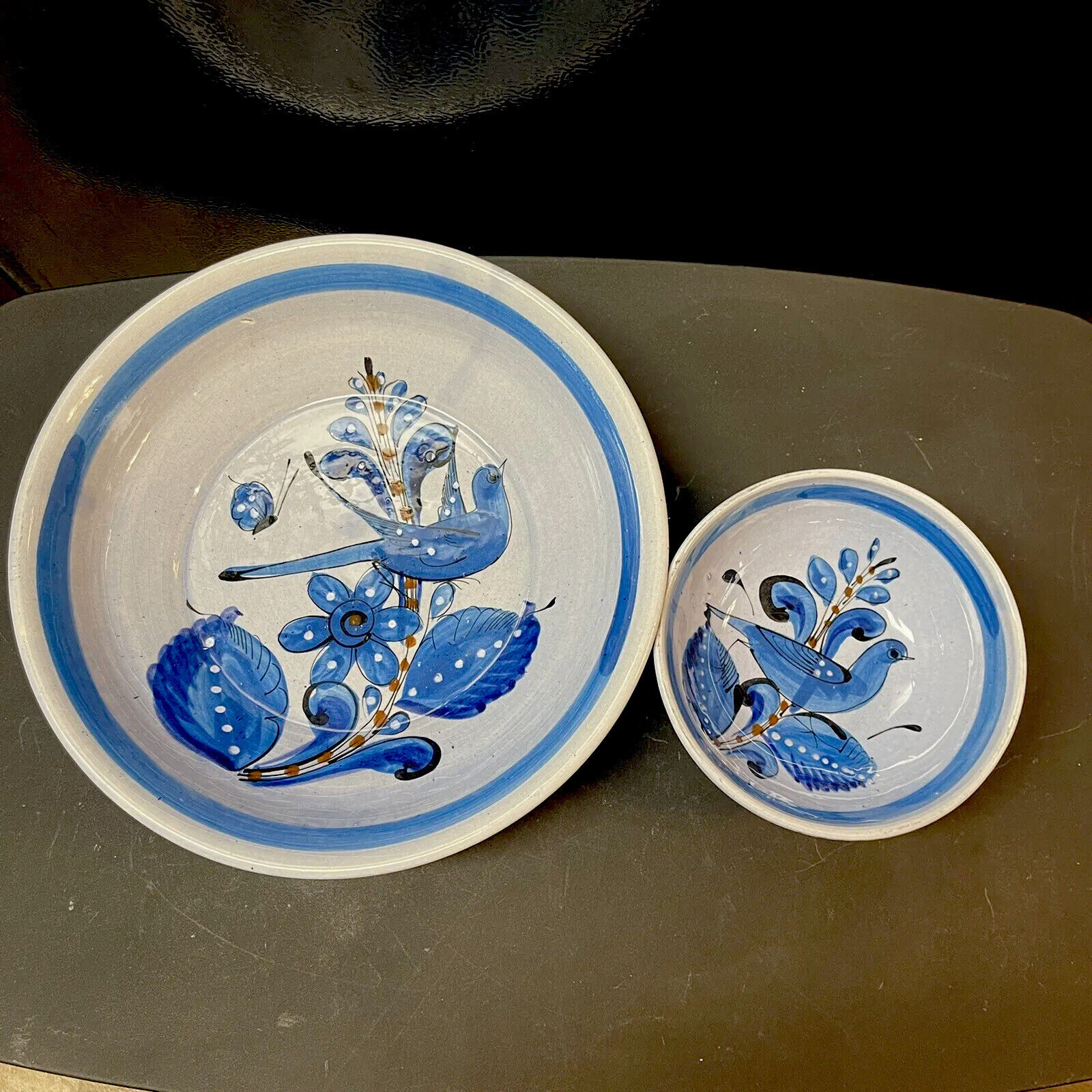 Vintage 2 Tonola Ken Edward Hand Painted Mexican Pottery Bowls Blue Bird Rare