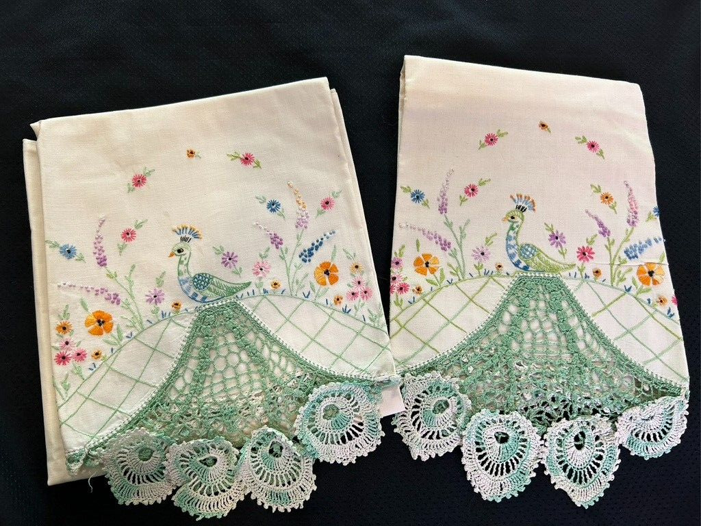 Vintage Peacock Pillowcase Pair  Hand Embroidered Green Crocheted Tail on White