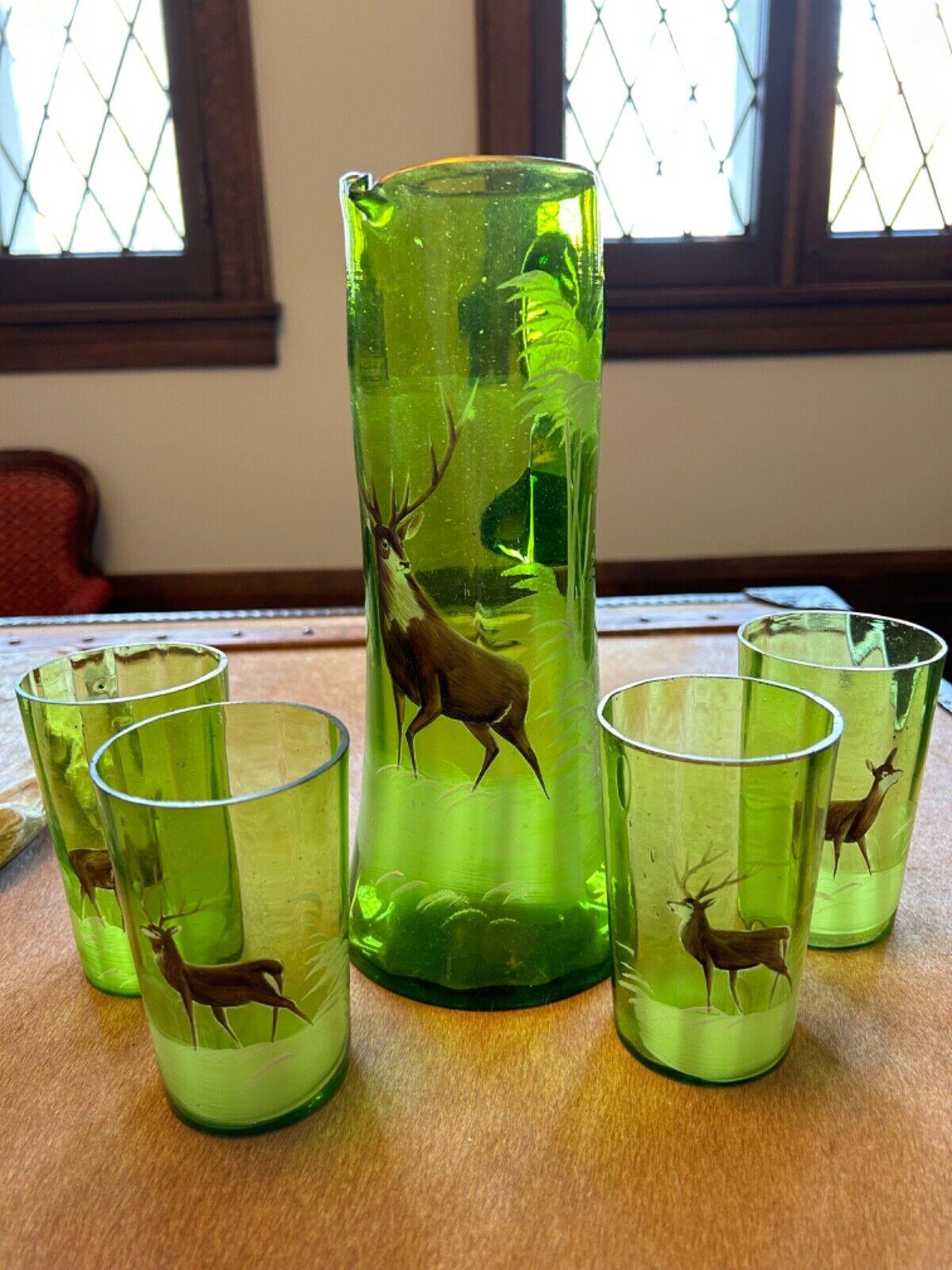 Handmade Blown Green Antique Glass Pitcher & 4 Glasses W/ Deer Painted Canadian
