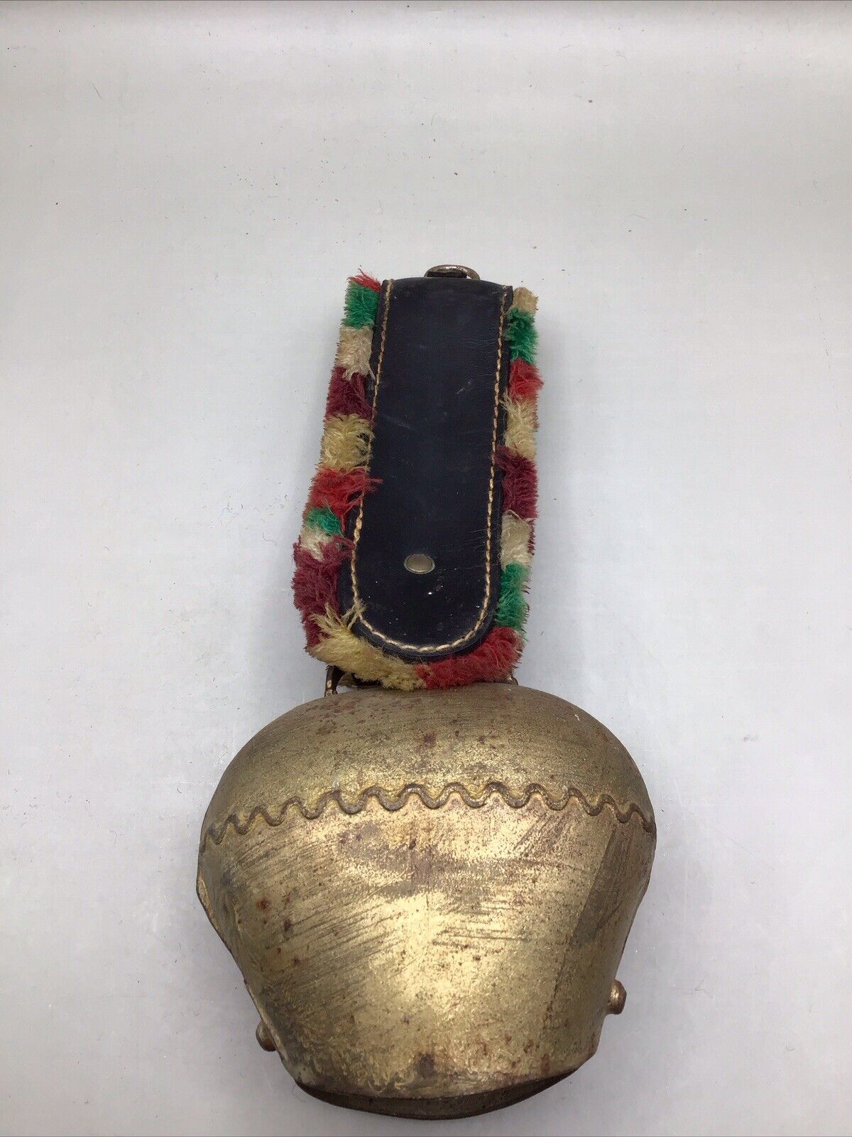 Vintage Rustic Swiss Austrian Brass Cow Bell with Fringed Leather Strap