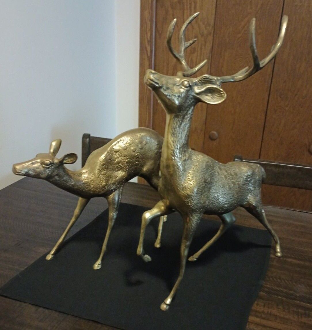 Vintage, Brass, 8 Point Buck and Doe.  Nicely Detailed. 