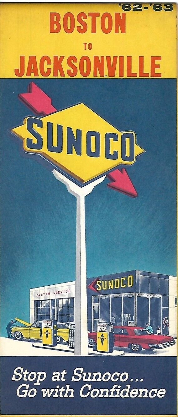 1962 SUNOCO Strip Map BOSTON TO JACKSONVILLE Florida Blend-O-Matic Gas Pump