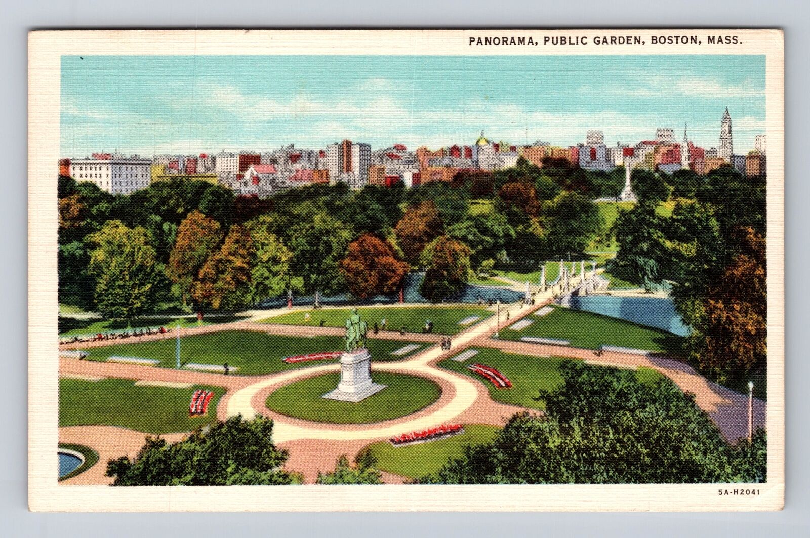Boston MA-Massachusetts, Aerial Panorama, Public Garden, Vintage c1938 Postcard