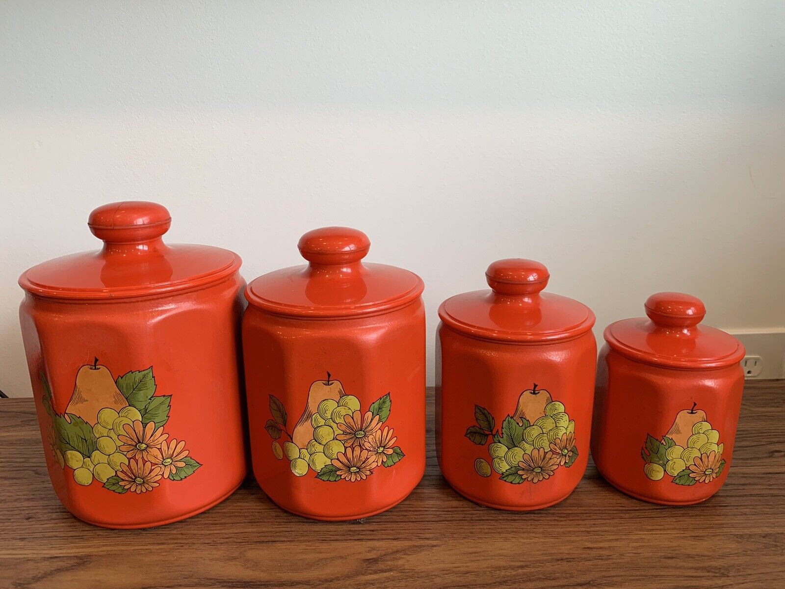 Vintage Set Of 4 Kromex Red/Orange Fruit Nesting Canisters 60'S/70's MCM