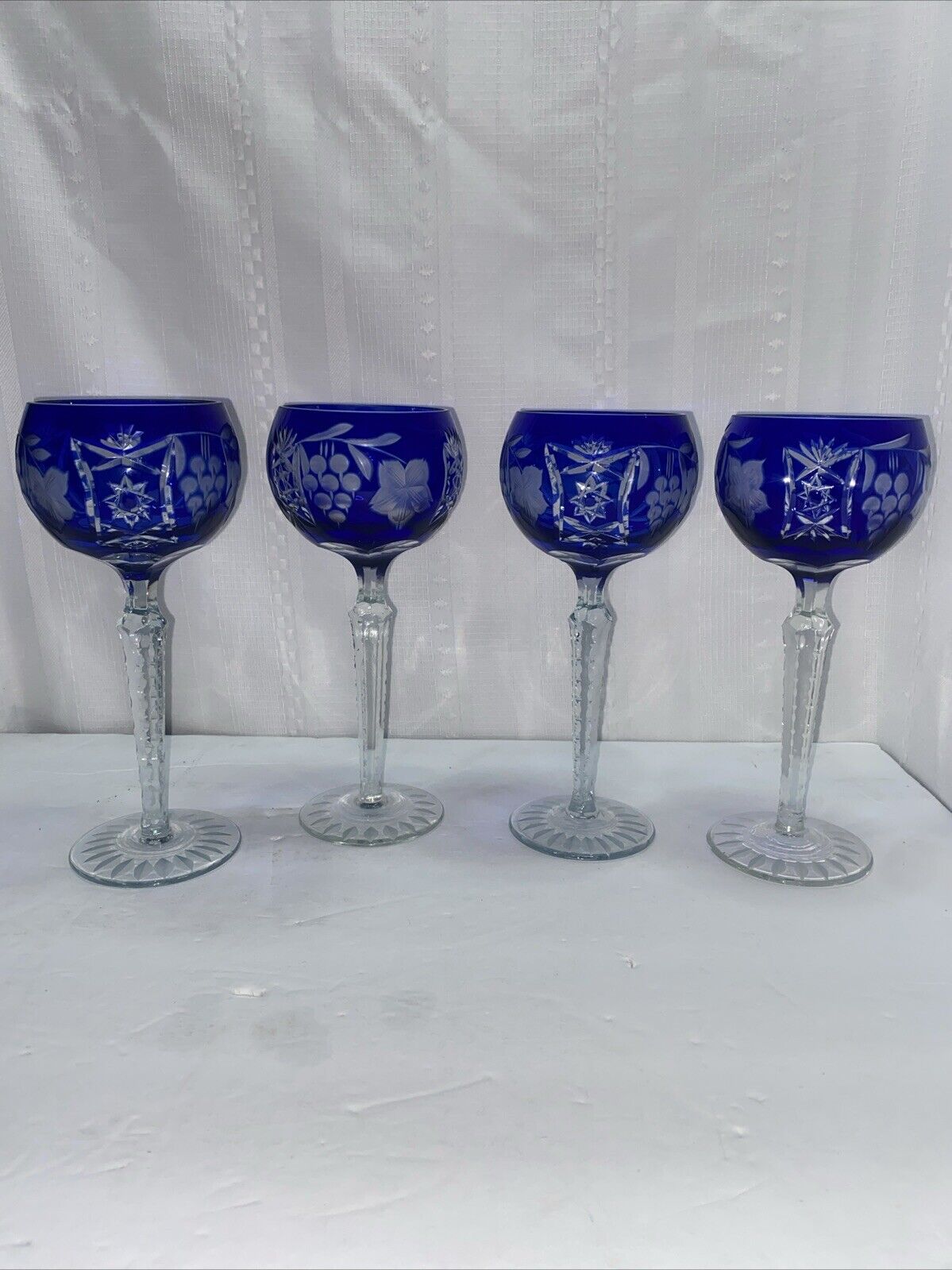 Vtg Set Of 4 bohemian blue cut to clear crystal tall stem wine goblet