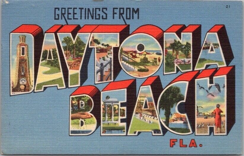Vintage DAYTONA BEACH, Florida Large Letter Greetings Postcard Tichnor Linen