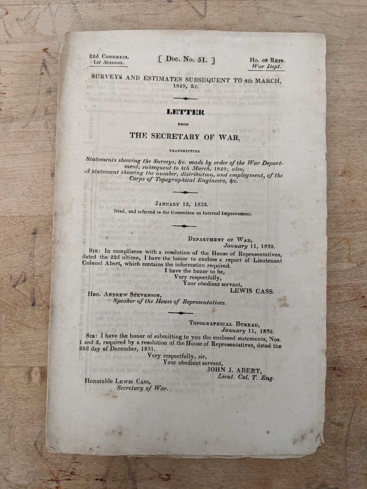 Second Seminole War House Of Representative War Department Cass 1835 Document