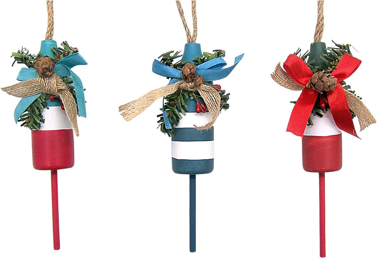 Set of 3 Assorted Wooden Buoy Christmas Tree Ornaments, Nautical Christmas Decor