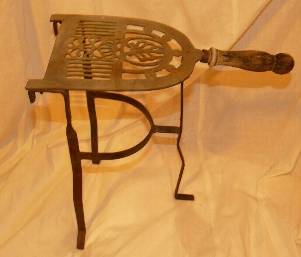 Vintage Brass & Iron Hearth Fireplace Iron Trivet Stand Wood Handle 14.5\