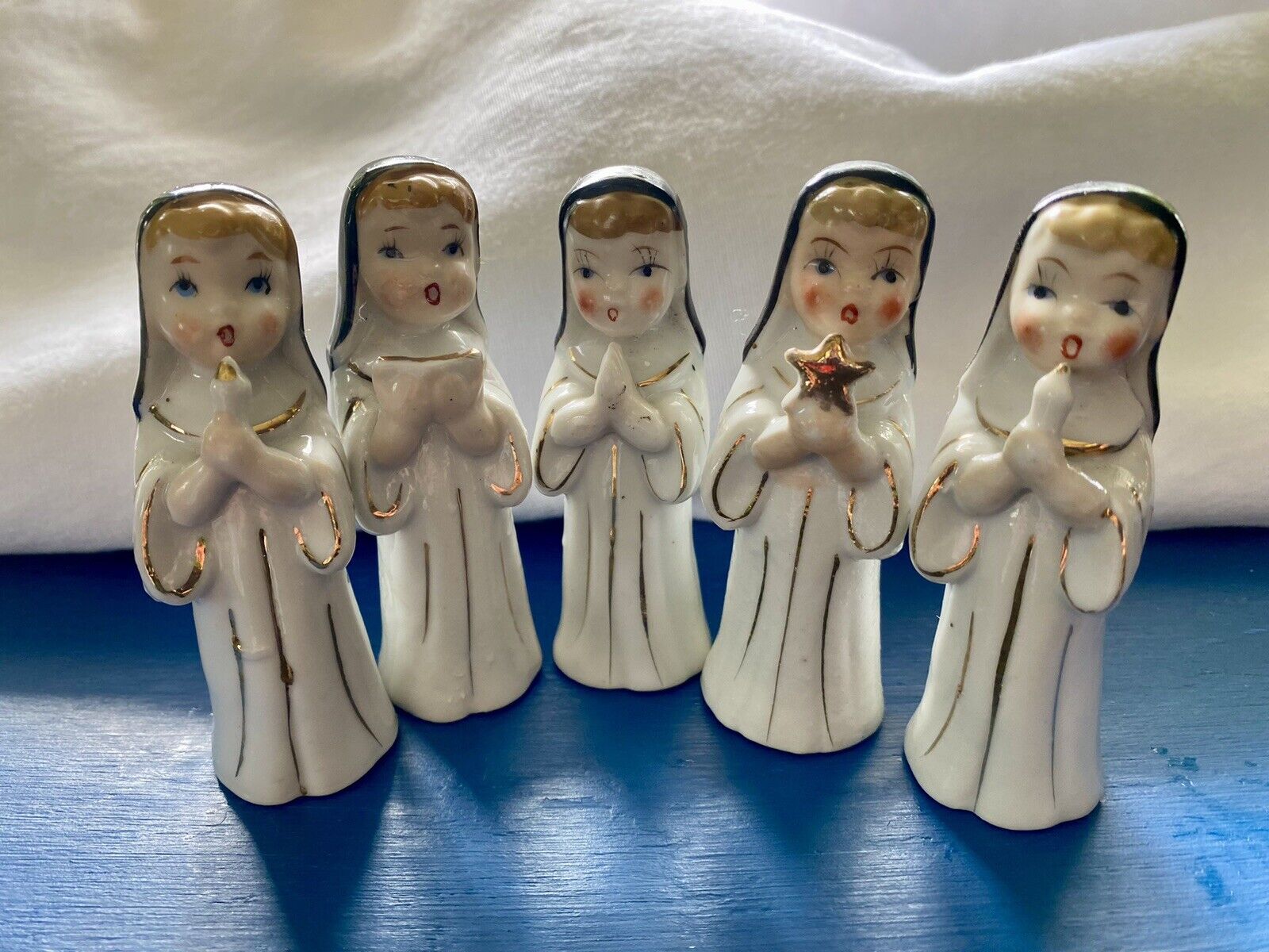 Vintage MCM Porcelain Nun Figurines, Made in Japan, Hand Painted Set of FIVE