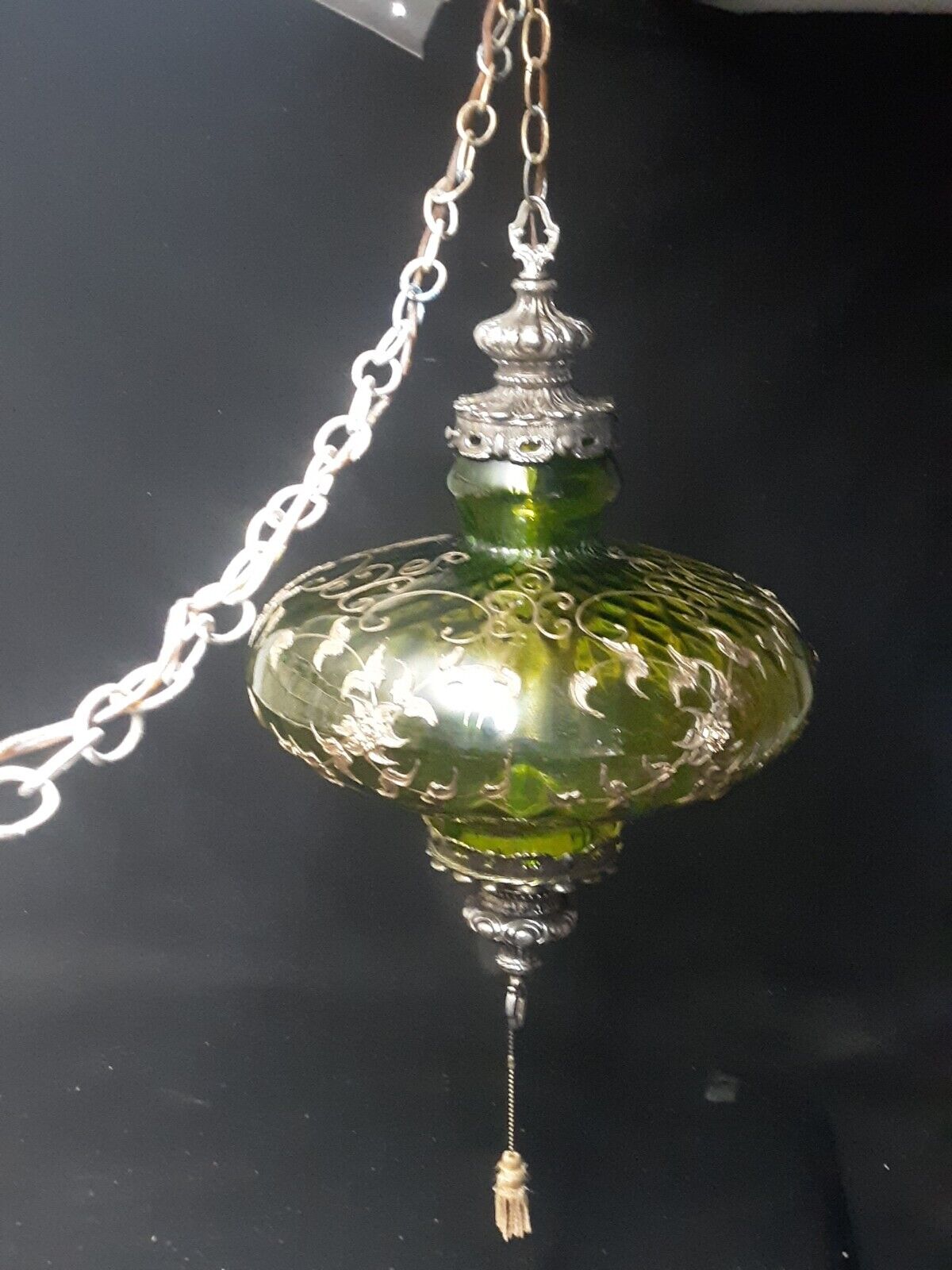 Excellent Large Vintage MCM Hollywood Regency Emerald Green Glass Swag Lamp