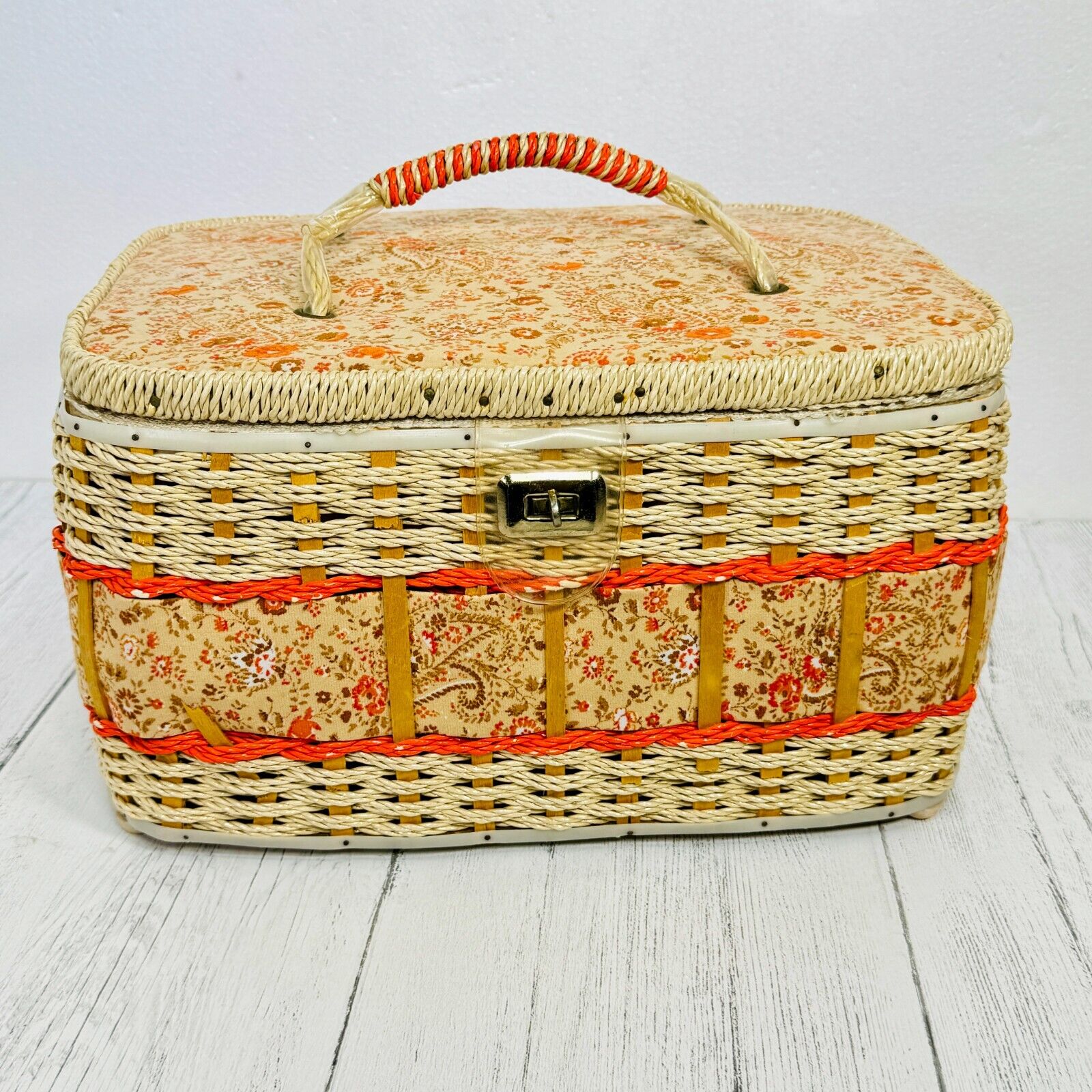 Sears Best Vintage Large Sewing Basket Happy Orange Cream Woven Wicker *READ*