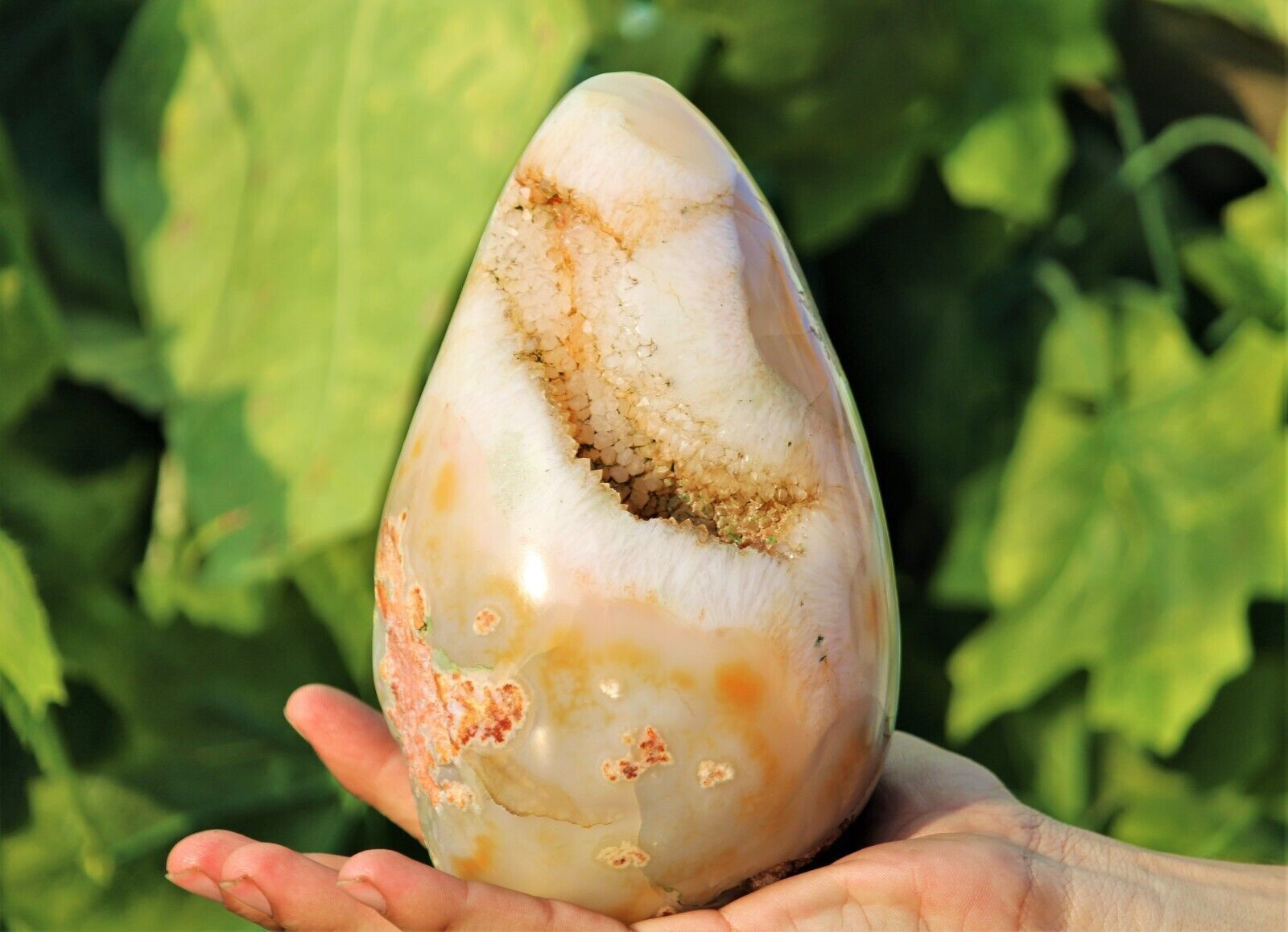 16cm Natural Druzy Yellow Flower Agate Crystal Healing Energy Reiki Stone Egg