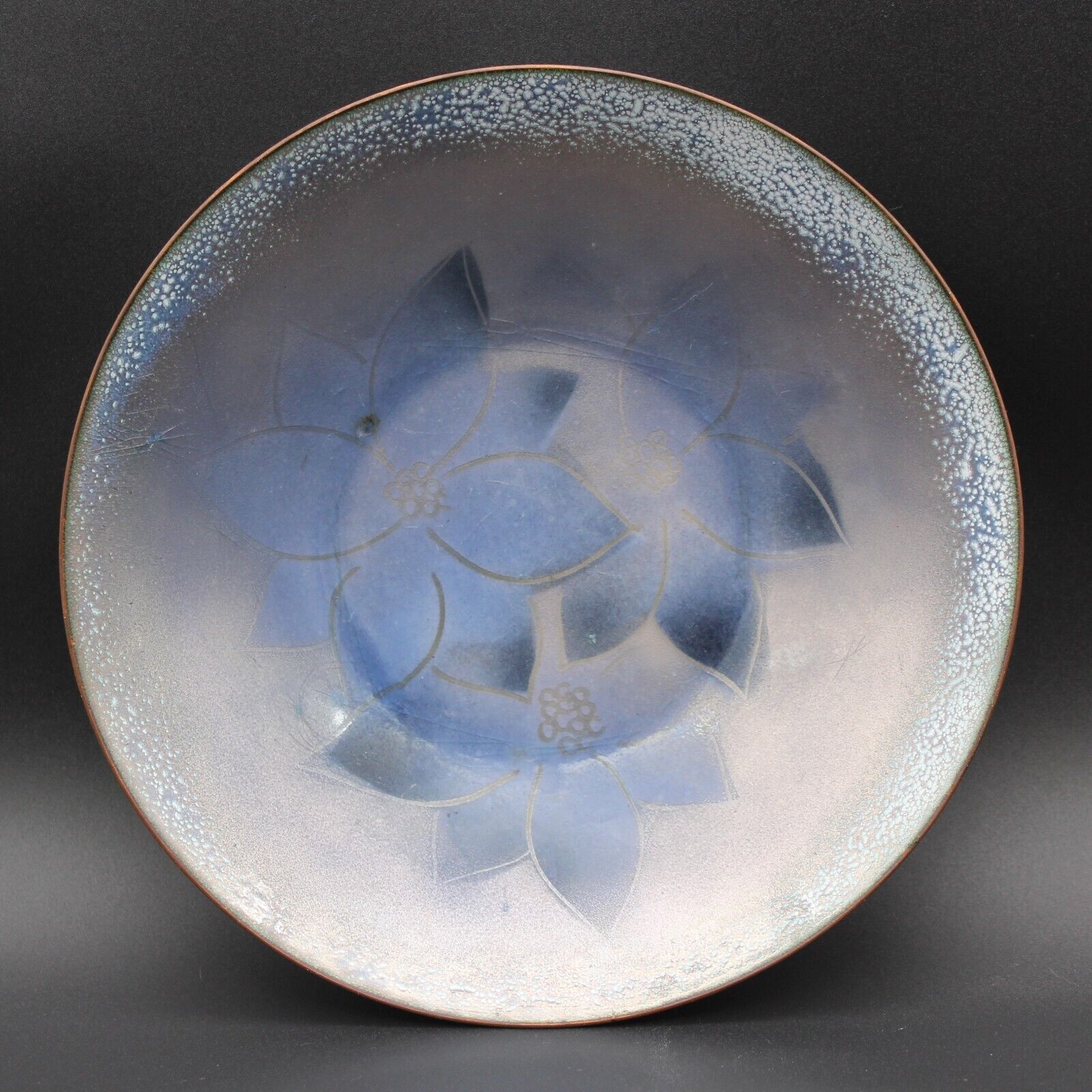 Vtg Edward Winter Enamel on Copper Bowl or Dish Flowers Mid Century Modern Art