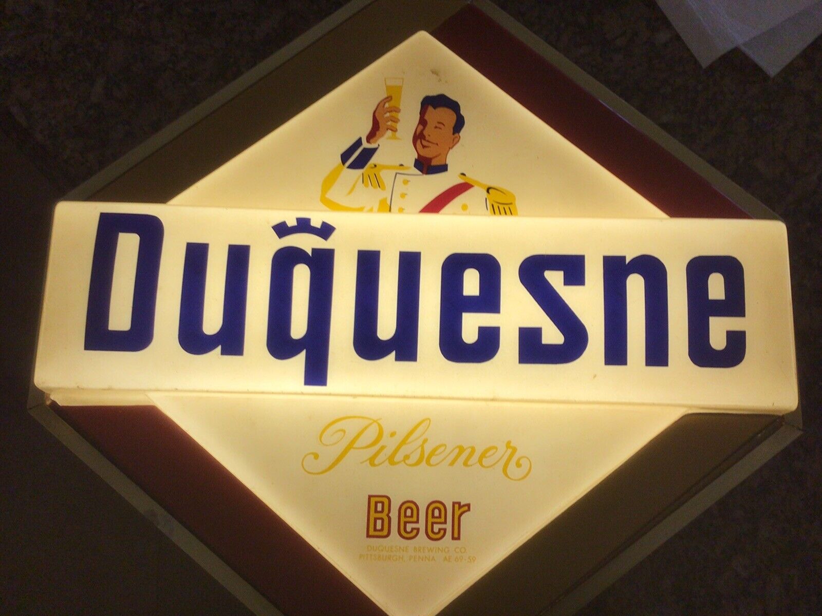 vintage Duquesne Pilsner Beer sign 1950s lighted  21” wide 20” high working 