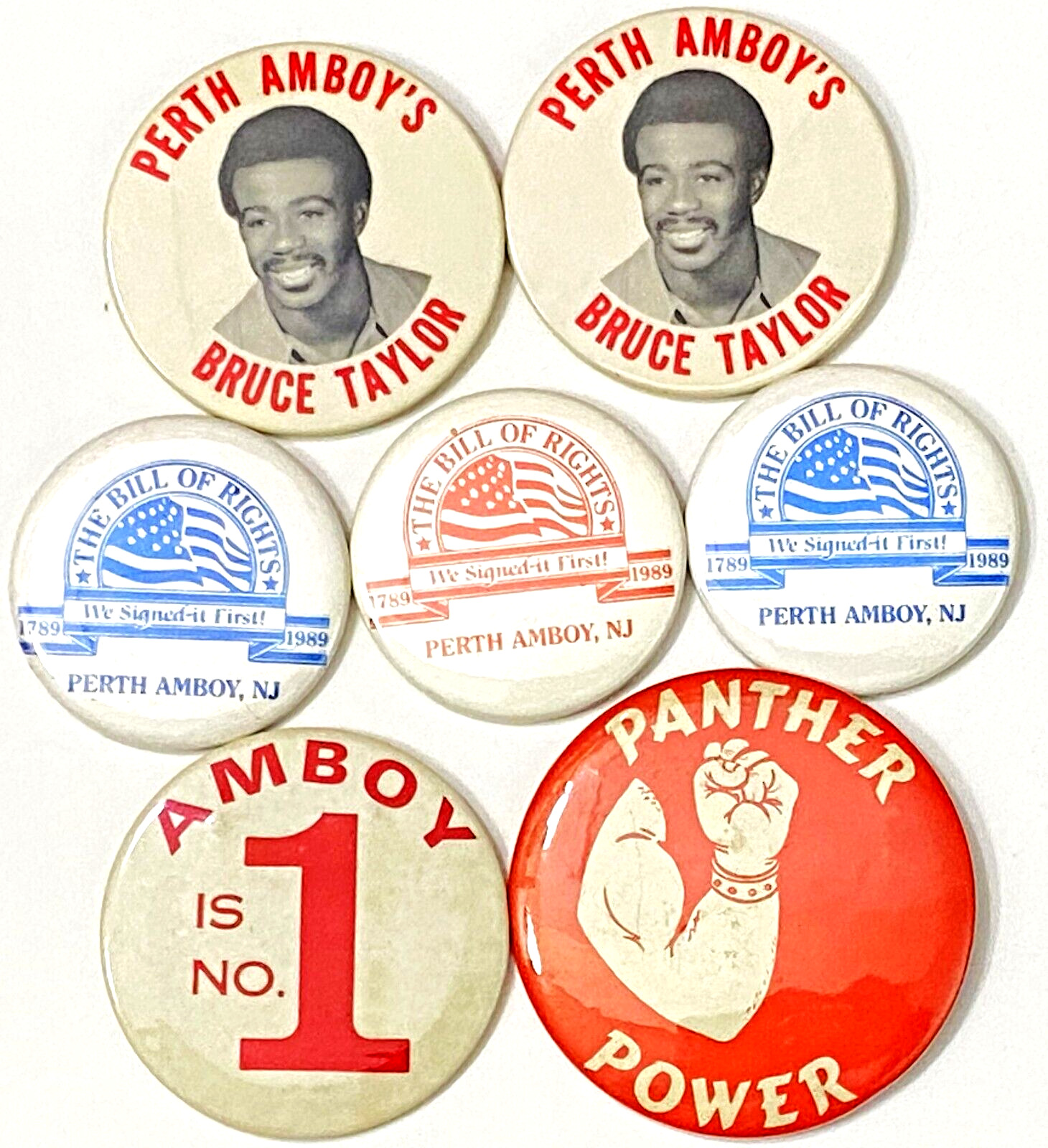 7 Vtg Pinback Buttons Perth Amboy NJ 1989 Bill of Rights Bruce Taylor NFL Player