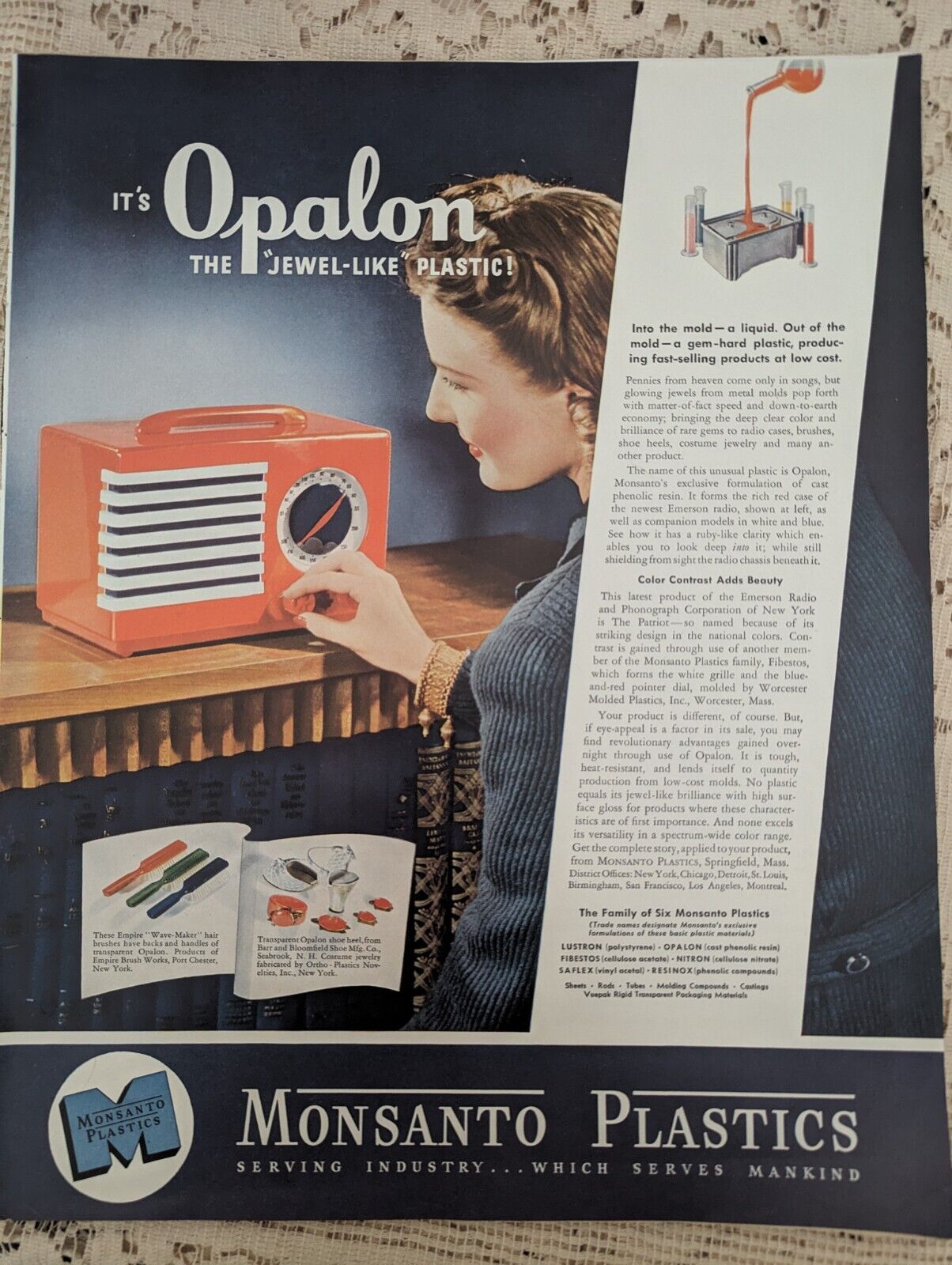 Vintage 1940 Magazine Ad Advertising Opalon Monsanto Plastic Radio