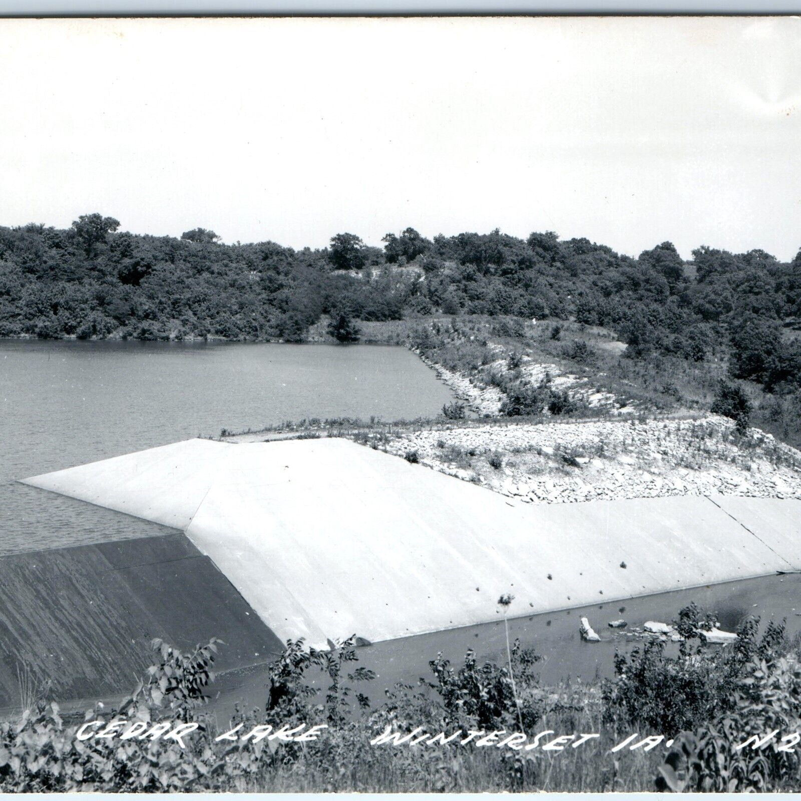 c1950s Winterset, IA RPPC Cedar Lake Dam Real Photo Reservoir Postcard USGS A105