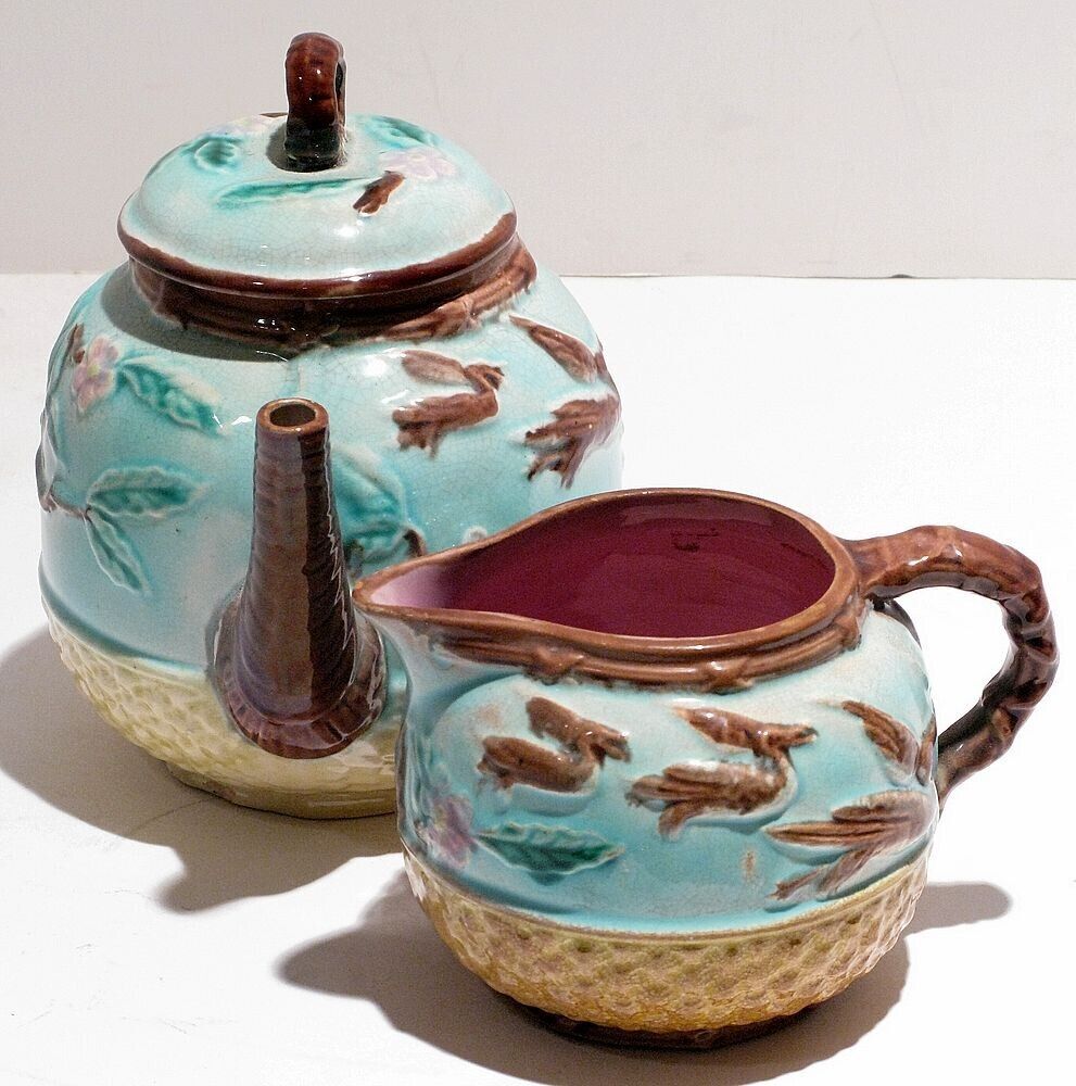 Antique Majolica Mini Tea Pot & Creamer Basketweave Handles & Cranes-In-Flight