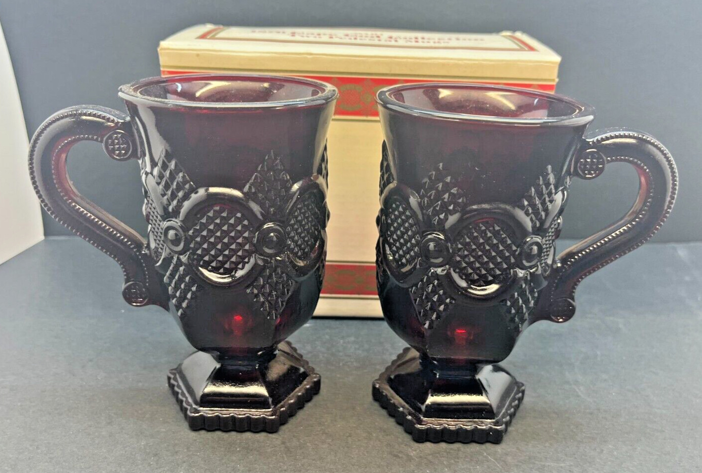 Vintage Avon 1876 Cape Cod Ruby Red 2 Pedestal Mugs in Original Box