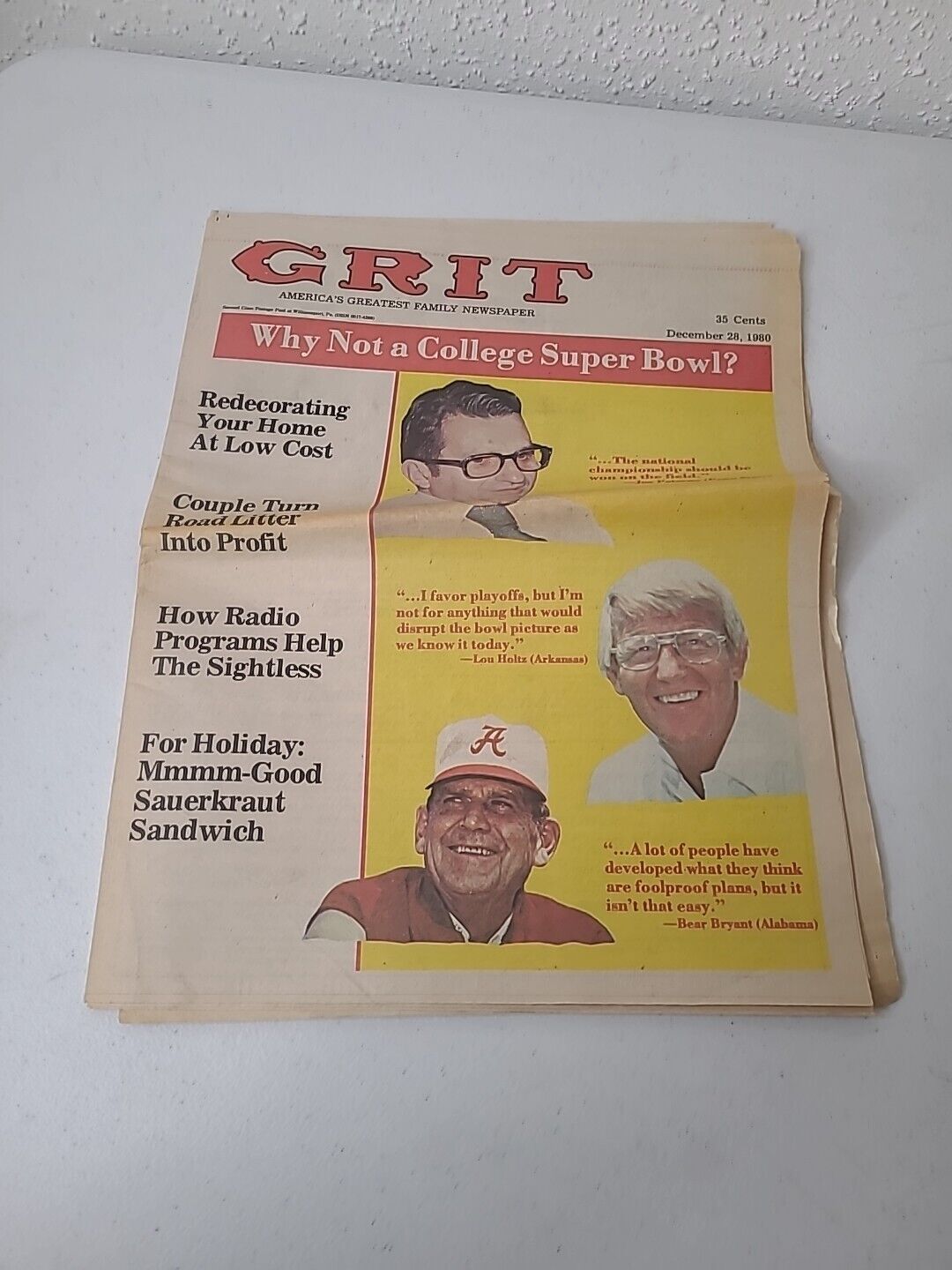 GRIT Newspaper December 28 1980 Joe Paterno Lou Holtz Bear Bryant