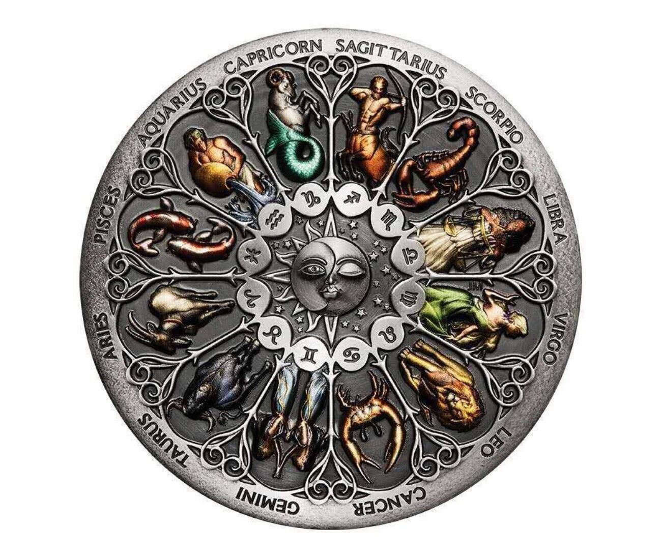 12 Zodiac Signs Embossed Antique Silver Colorful Challenge Coin